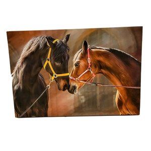 Horse Couple Nuzzling In Early Sunlight Canvas Print 24" X 16" Rare Equestrian